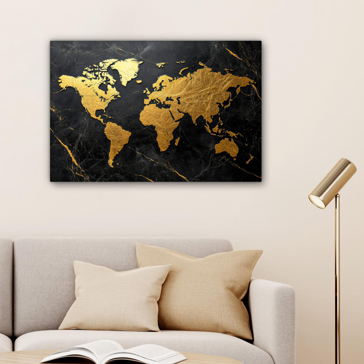 LEINWANDBILD Weltkarte - Gold - Marmor Wanddeko 90x60 cm - Goldfarben, Textil (90/60cm) - MuchoWow