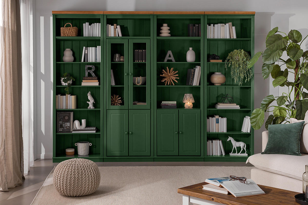 MASSIVE BÜCHERWAND - Massivholz - Kiefer - Waldgrün/Kieferfarben, Holz (296/223/37cm) - home24