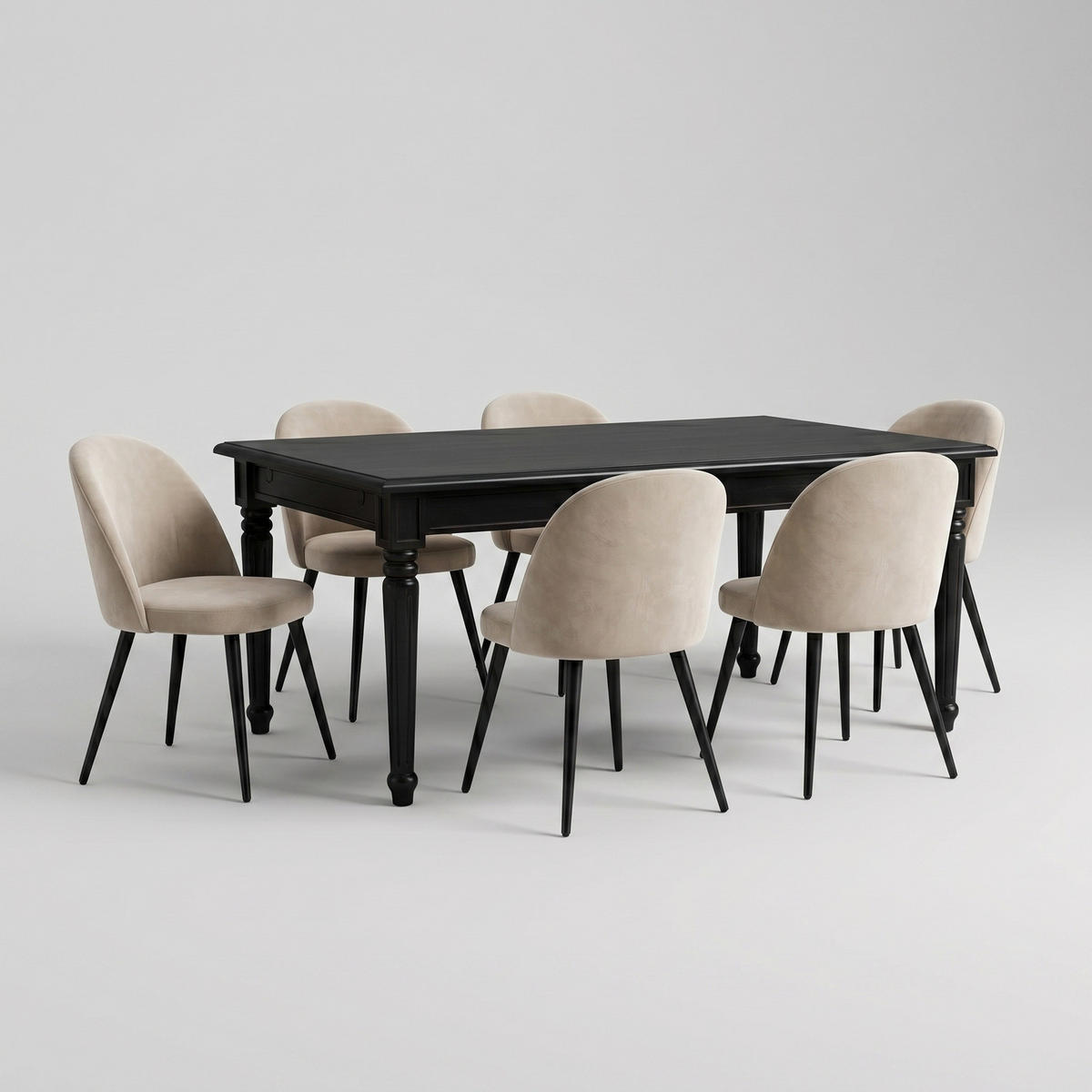 ESSGRUPPE Amaretta mit Esstisch Schwarz und 6 Stühlen Samt Beige, 180 x 100 cm - Sandfarben, Holz/Textil (180/75/100cm) - ebuy24
