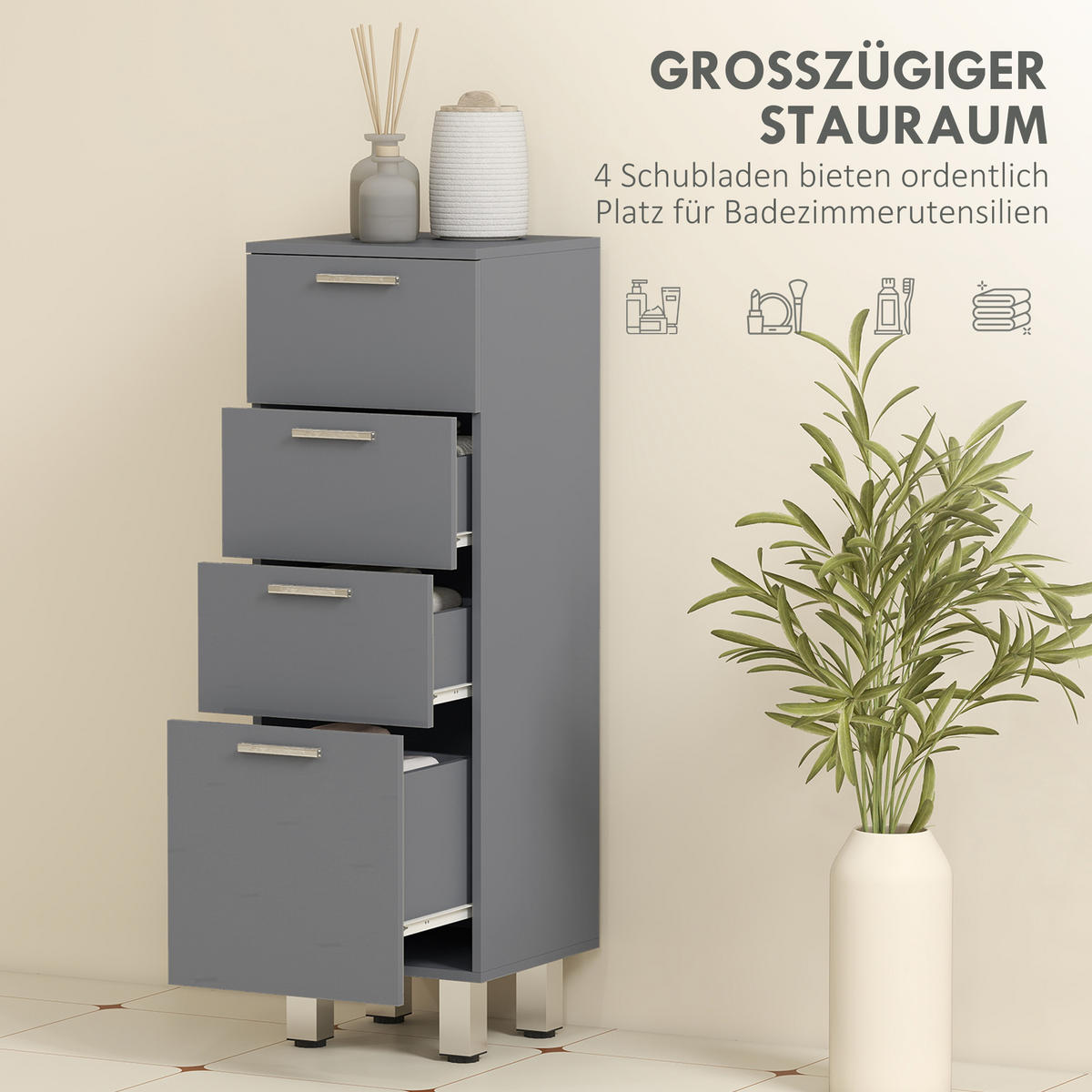 BADEZIMMERSCHRANK DE-10545 4 Schubladen, Hochglanz Grau - Grau, Holzwerkstoff (30/93/30cm) - ComfortXL