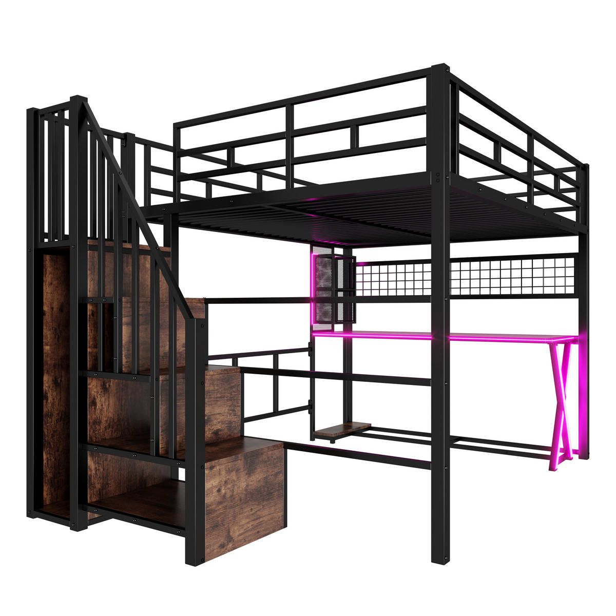 HOCHBETT 160/200 cm mit LED, Schreibtisch und Kleiderschrank, DE-04920, in Schwarz - Schwarz, Metall (160/200cm) - ComfortXL