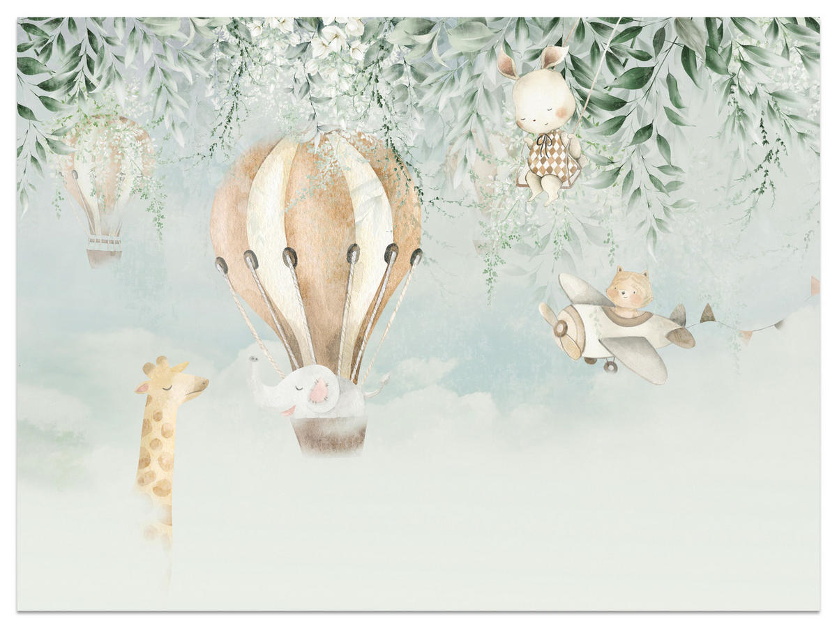 FOTOTAPETE für Kinderzimmer Tiere Wolken Ballons Giraffe Elefant 300x210 - Beige/Braun, Papier (300/210cm) - Muralo