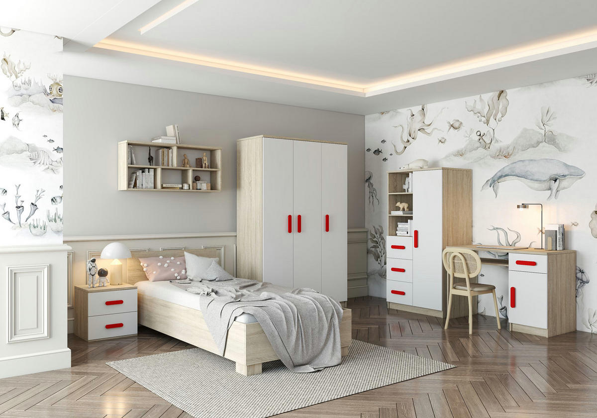 JUGENDZIMMER Elora in Eiche und Weiß – 6-teiliges Set – Grifffarbe Rot - Braun, Holzwerkstoff (80/200/120cm)