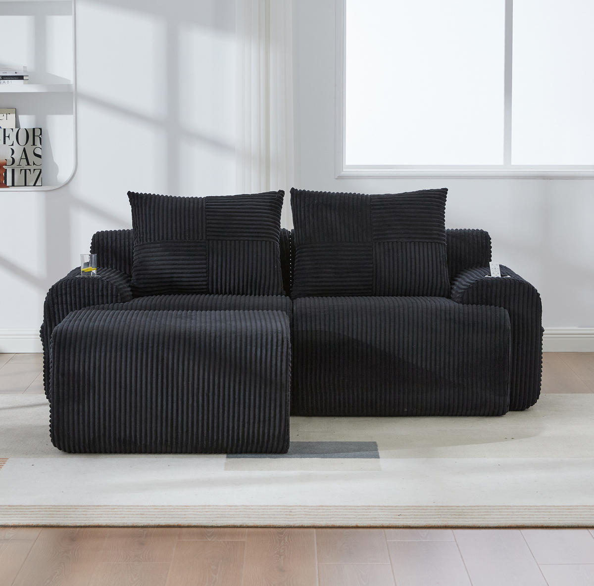 SOFA modular 200 x 174 cm Corduroy Black mit Cupholder - Schwarz, Kunststoff (174/200cm) - Meubliv