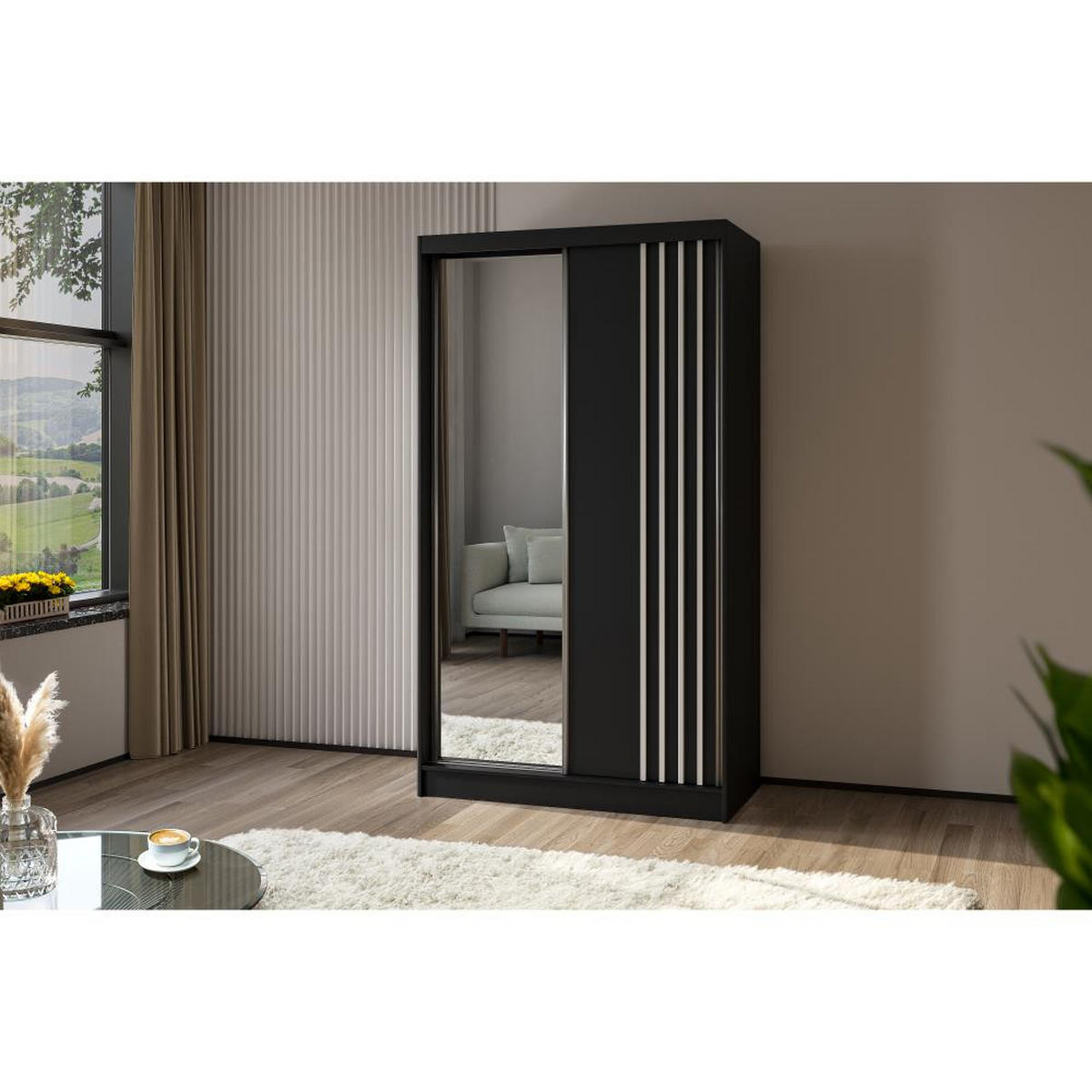 SCHWEBETÜRENSCHRANK Nela 120/216/61 schwarz mit Schubladen - Schwarz/Weiß, Holzwerkstoff (120/216/61cm) - Beautysofa