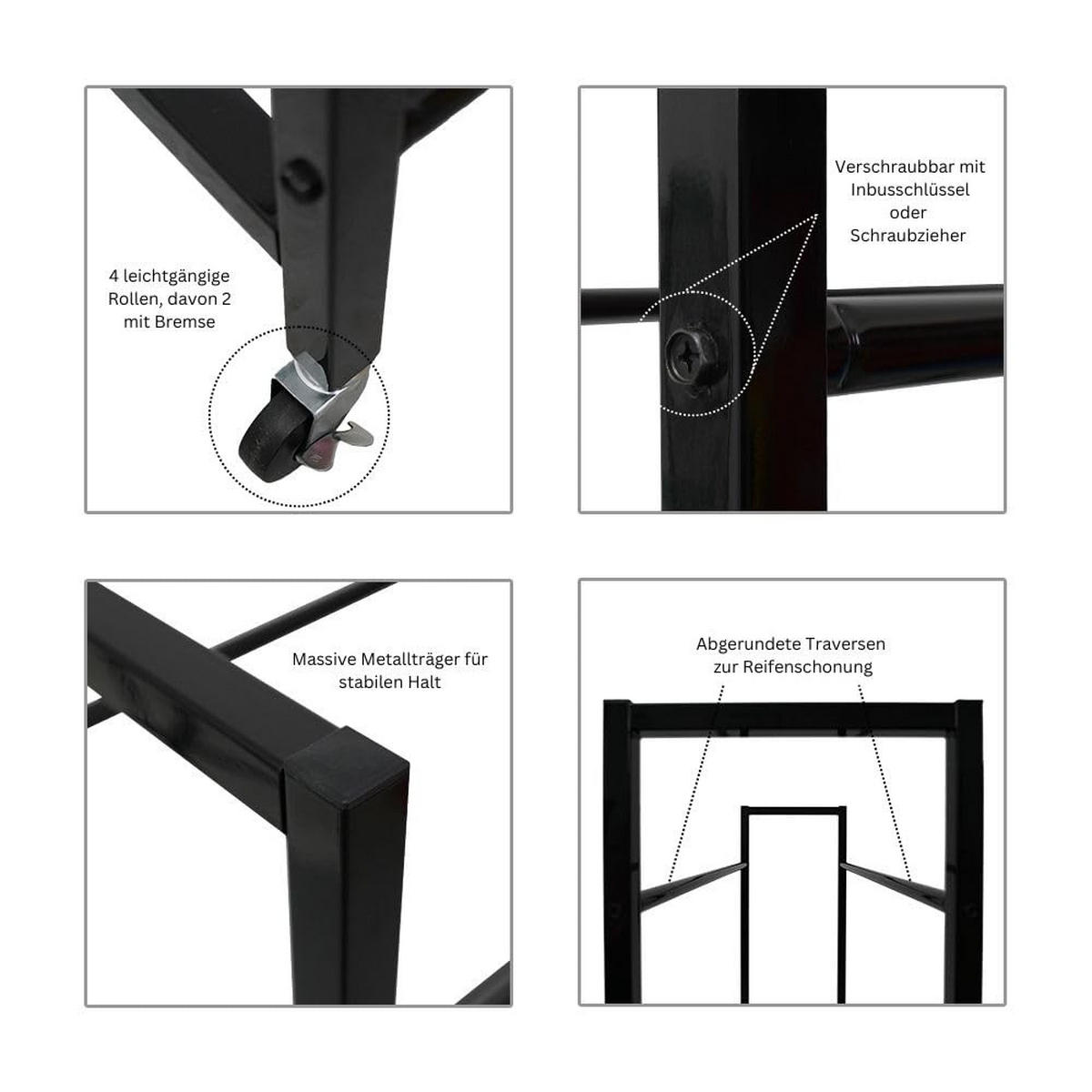 REIFENREGAL Carrero auf Rollen 115x111x40 cm bis zu 8 Reifen auf 2 Ebenen Schwarz - Schwarz, Metall (111/115/40cm) - PROREGAL
