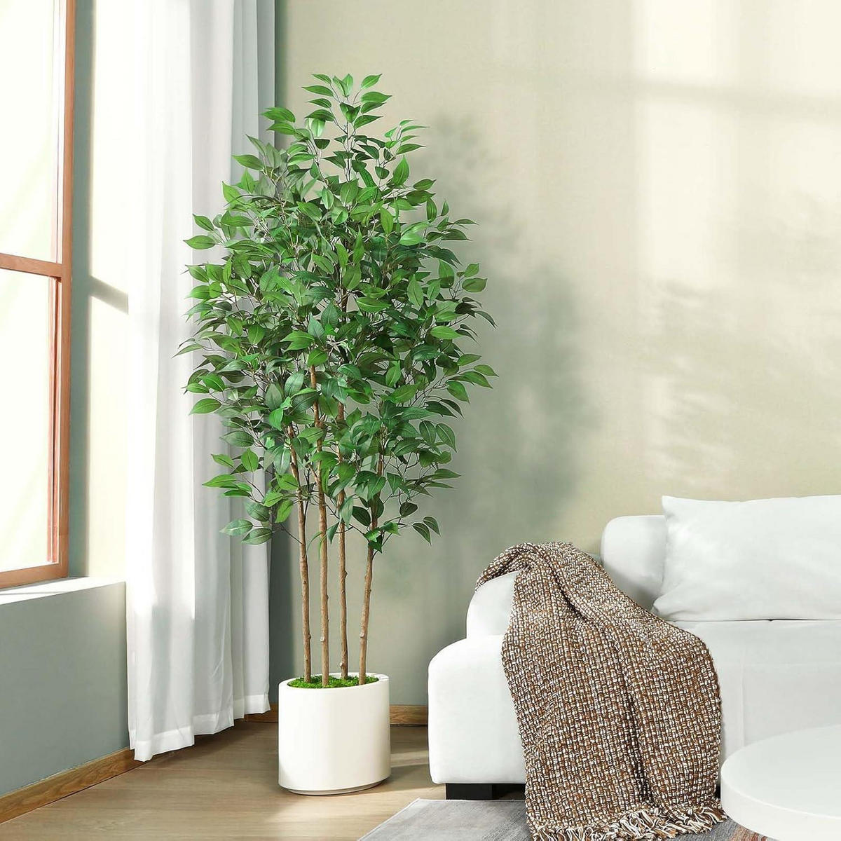 KÜNSTLICHE Pflanze Ficus 180 cm im weißen Topf - Grün, Kunststoff (182.9cm)