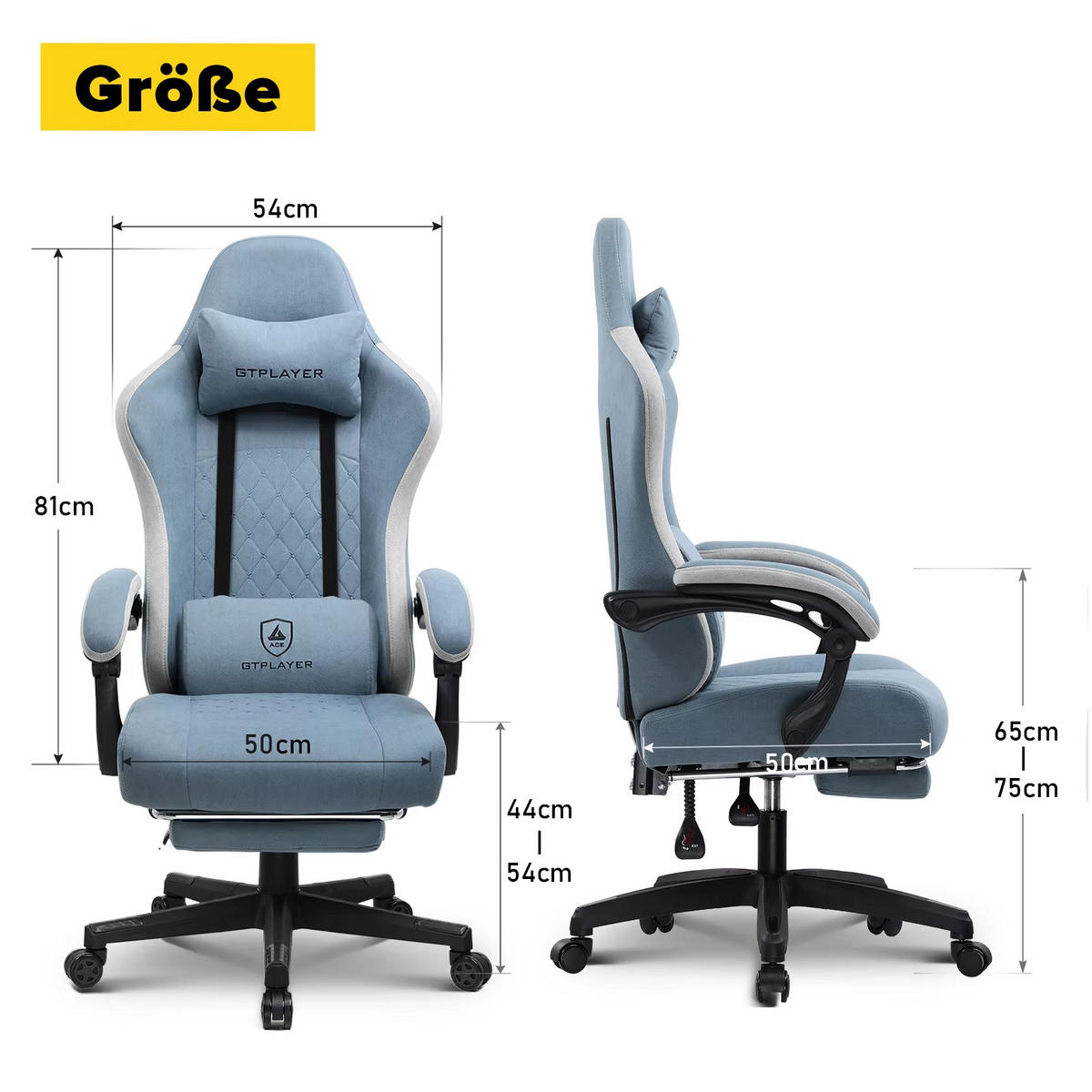 GAMINGSTUHL Stoff mit Federsitz Ergonomisch Blau - Blau, Metall (54/135/50cm) - Kaket