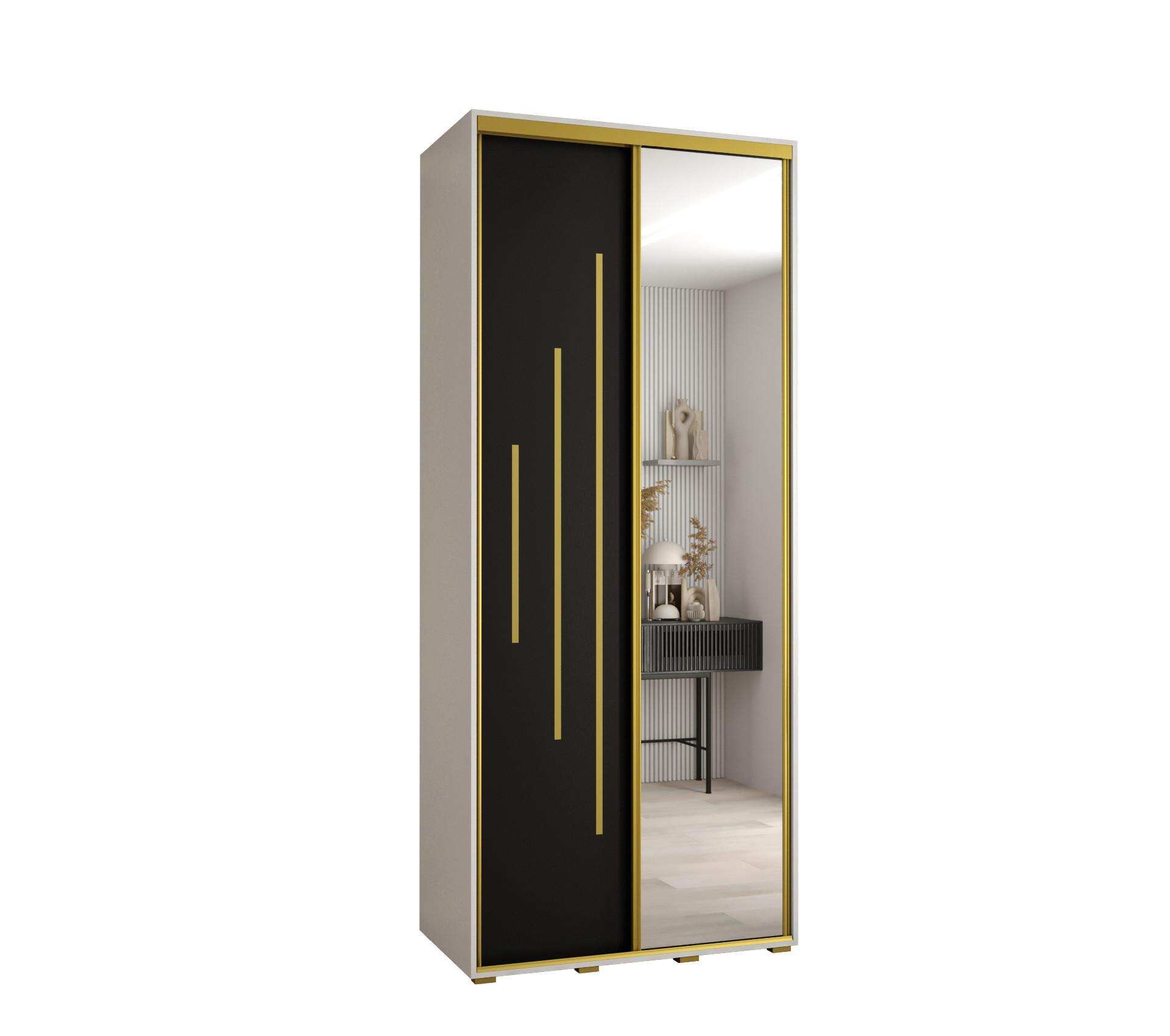Abiks Möbel Schwebetürenschrank Weiß, Schwarz, Gold 110x235x45 cm