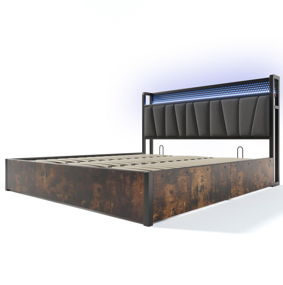 BETT mit LED-Kopfteil und Stauraum 180x200 cm Grau mit USB & Steckdosen - Grau, Metall (180/200cm) - Meubliv