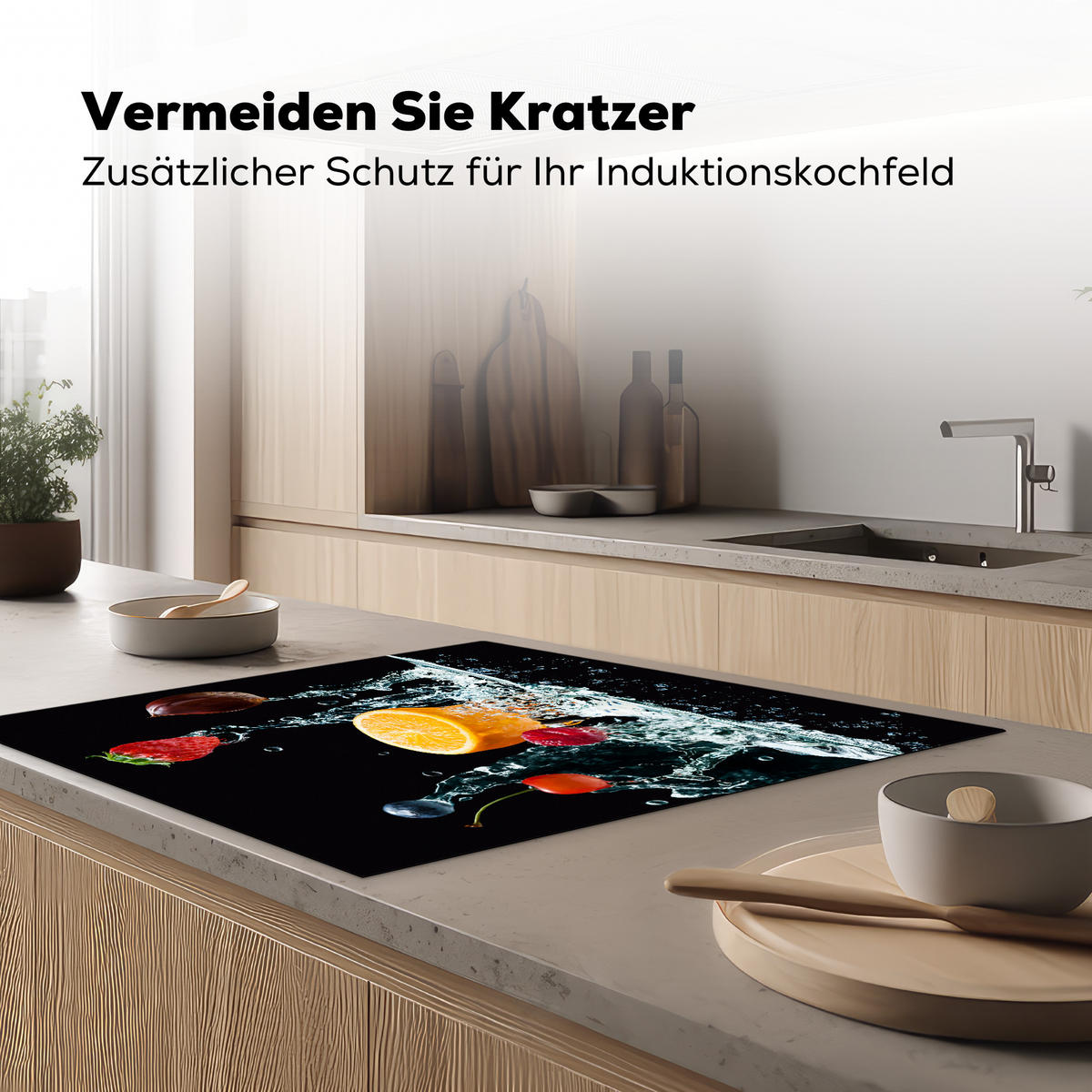 HERDABDECKPLATTE Wasser - Obst - Orange - Erdbeere - Kirsche - Schwarz 78x78 cm - Orange, Kunststoff (78/78/0.2cm) - MuchoWow