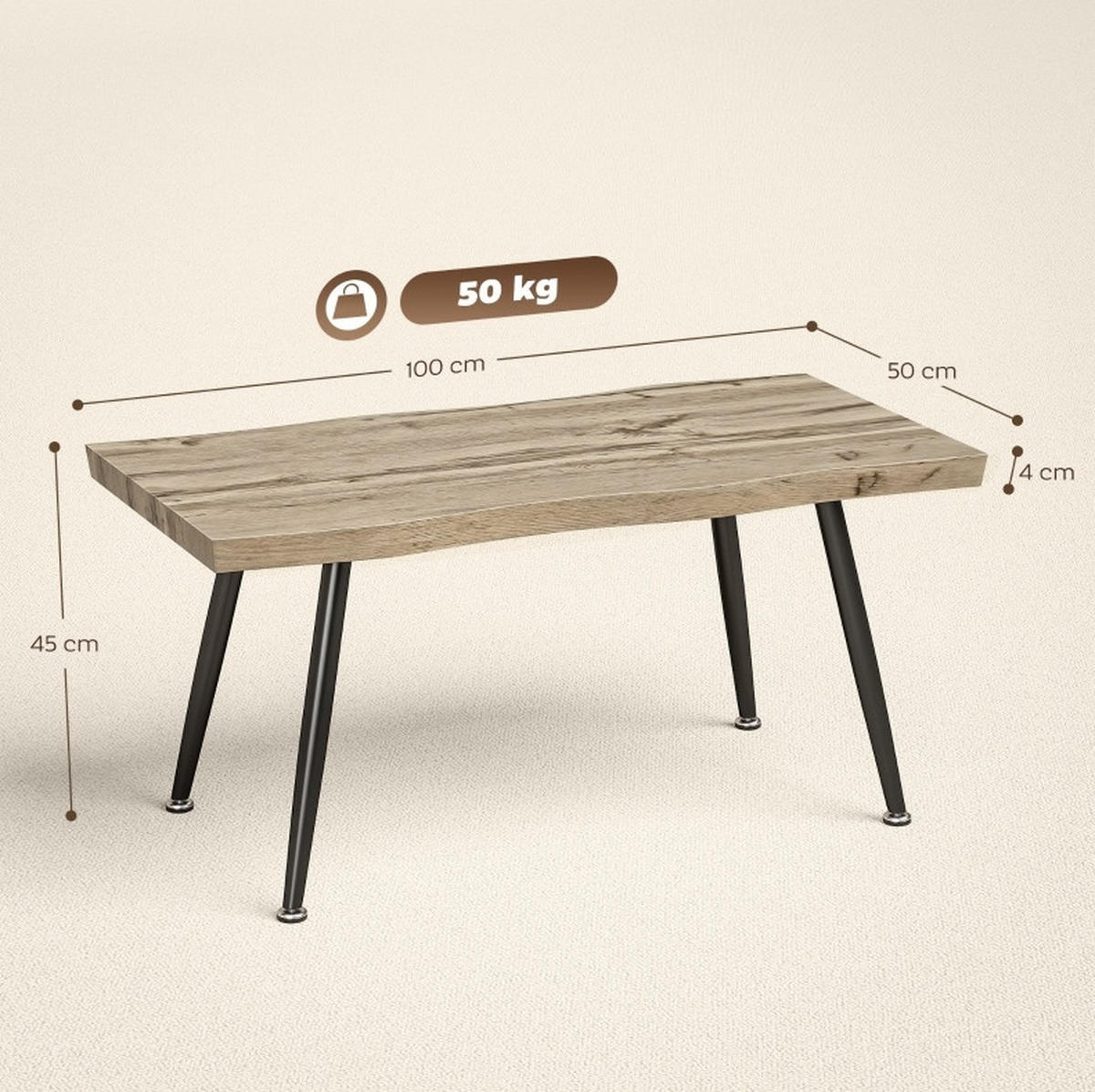 COUCHTISCH 100/50/45 cm in Eichefarben mit Stahlbeinen - Eichefarben, Holz (100/50/45cm) - Flora Grace