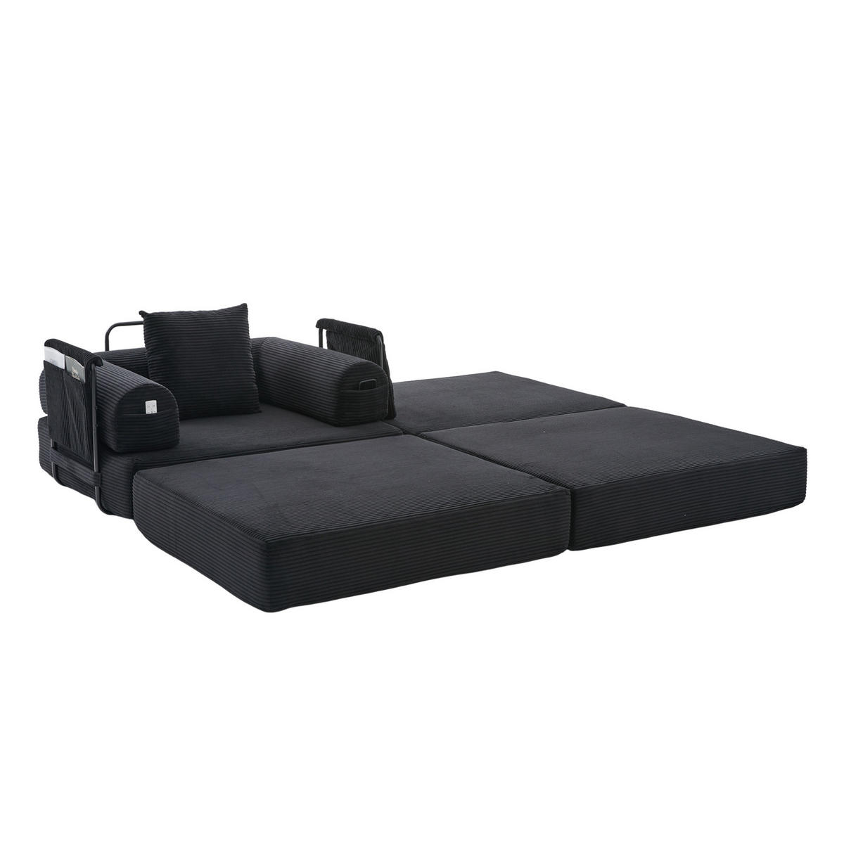 SCHLAFSOFA aus Cord 112x190x67 cm Schwarz mit Hocker, Seitentasche und Kissen - Schwarz, Textil (112/67/190cm) - Modfu