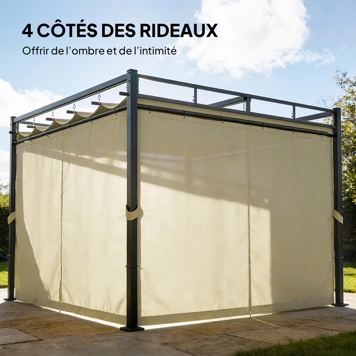 PERGOLA DE-12712 300/300 cm ausziehbar mit 4 Vorhängen UPF30+ Beige - Beige, Metall (295/221/295cm) - ComfortXL
