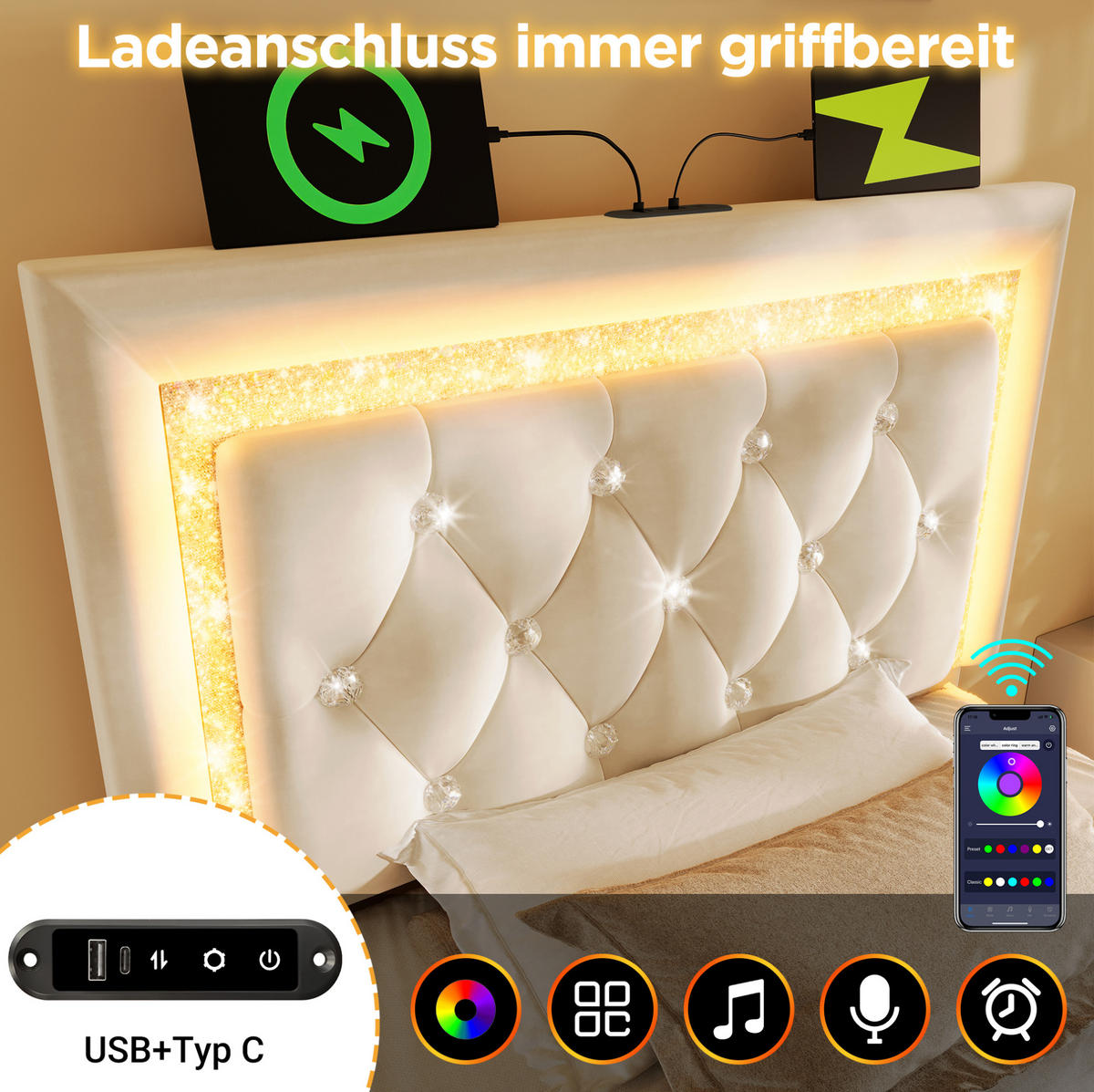 SAMT-POLSTERBETT 90/200 cm mit LED-Beleuchtung, Bettkasten & USB in Beige - Beige, Textil (90/200cm) - BEAOK