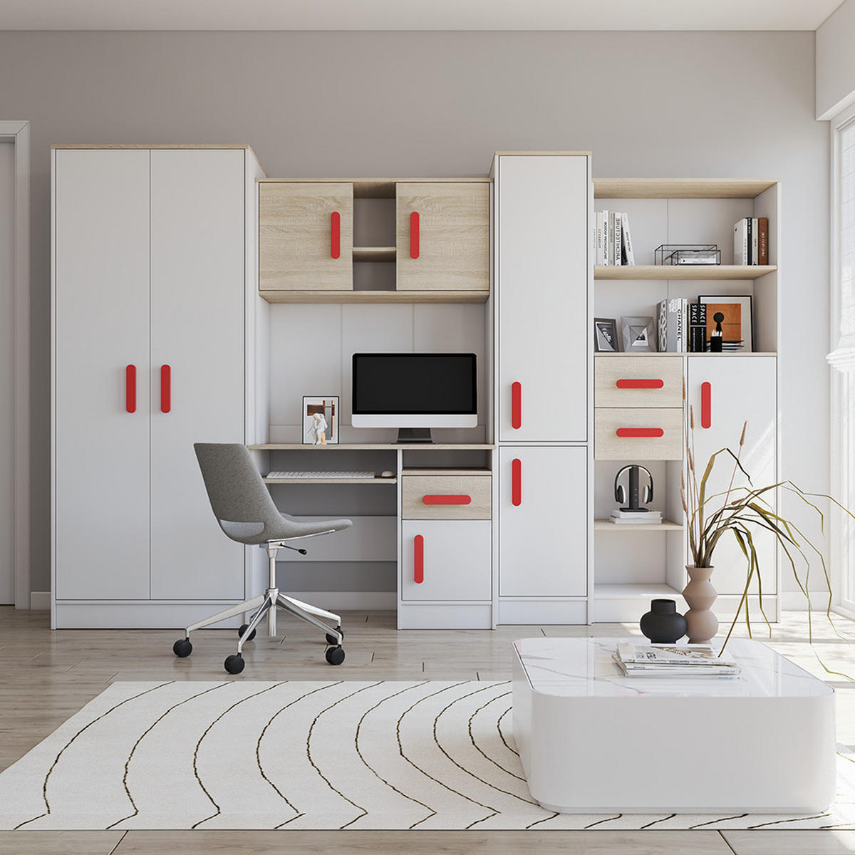 WOHNWAND Markus Weiß Sonoma Eiche mit griffenfarbe: Rot - Rot/Weiß, Holzwerkstoff (300/197/52cm) - imoebel24