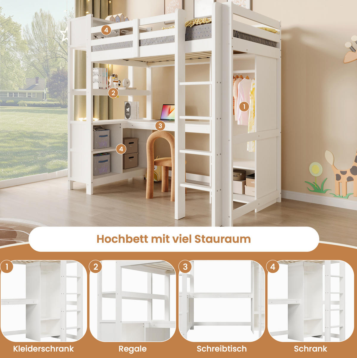 HOCHBETT 90/200 cm Weiß mit Schreibtisch, Regalen und Kleiderschrank - Weiß, Holz (90/200cm) - MIVRAY