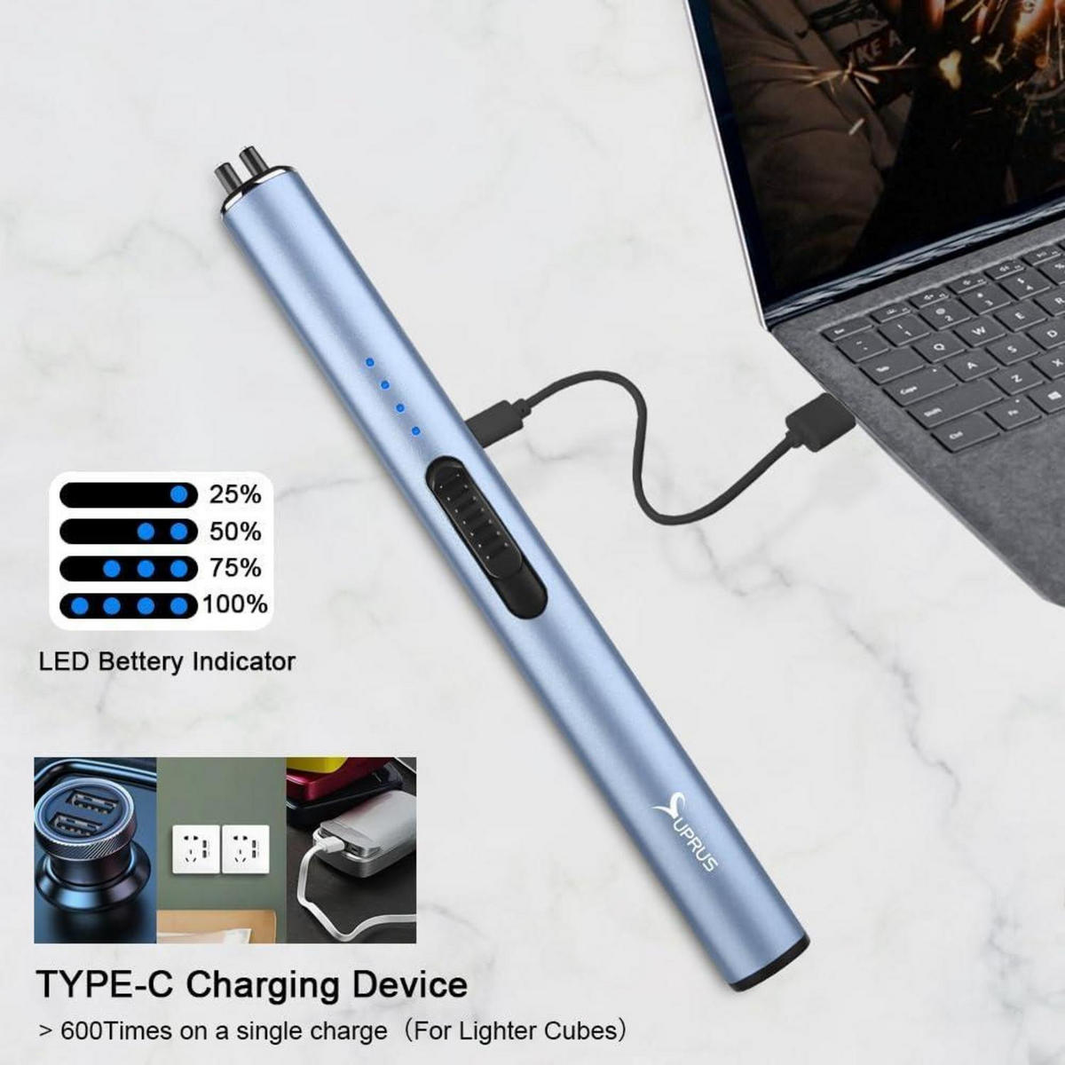 STABFEUERZEUG 3-teiliges Set Plasma USB wiederaufladbar winddicht blau - Hellblau, Metall (1.7/1.5/17.1cm)