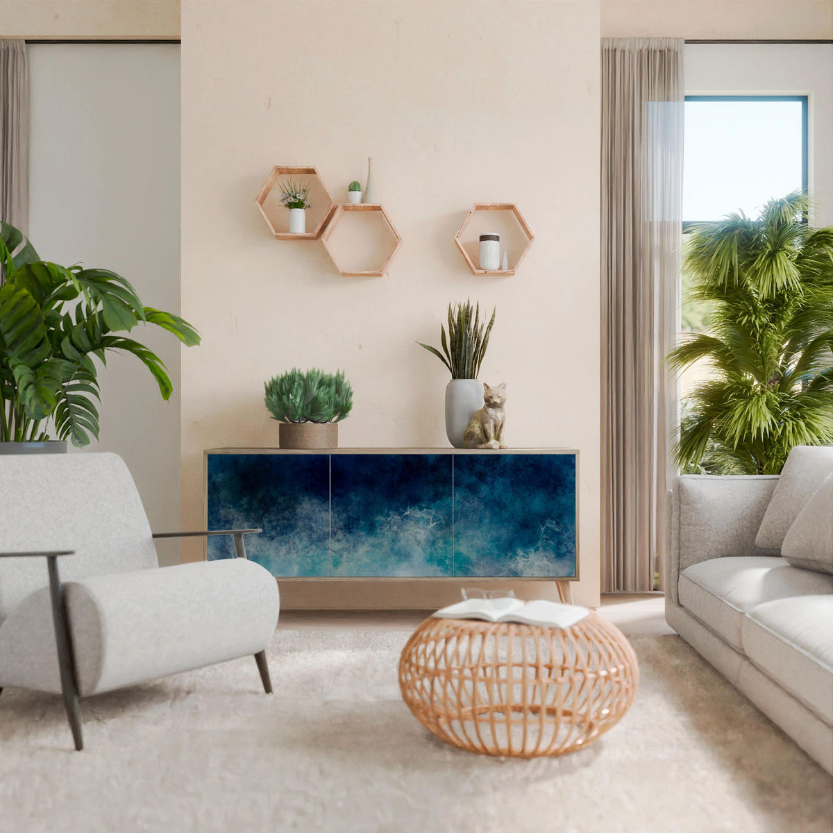 SIDEBOARD CELESTIAL FALL, Eicheneffekt, 164,5x42x77,5 cm, 3 Türen - Eichefarben/Buchefarben, Holzwerkstoff/Buchenholz (164.5/77.5/42cm) - SpaceRebels