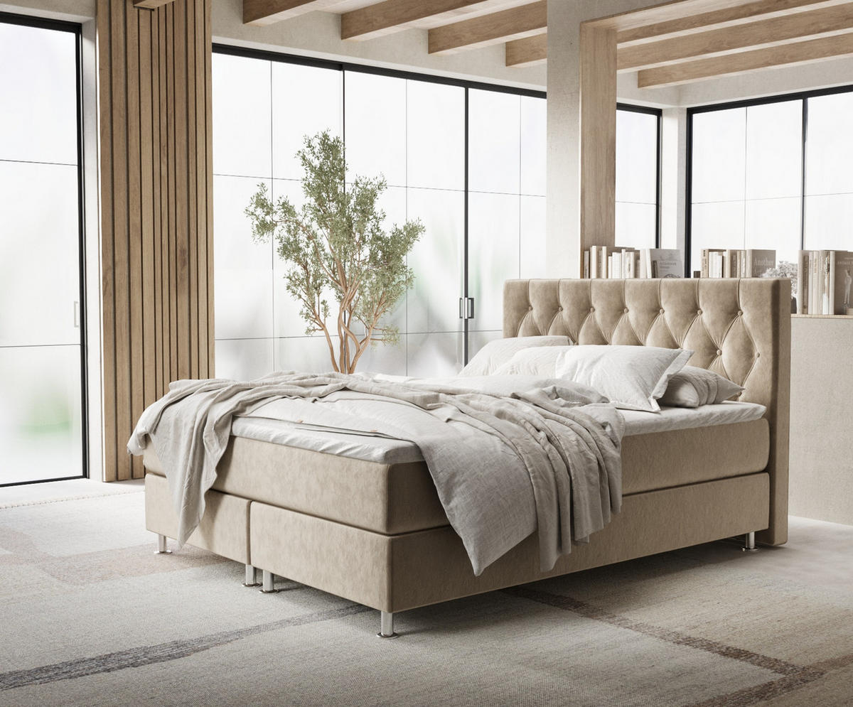 BOXSPRINGBETT Excelsior Beige 140/200 cm mit Latex-Topper - Beige/Silberfarben, Holz/Holzwerkstoff (140/200cm) - Maison de Reve