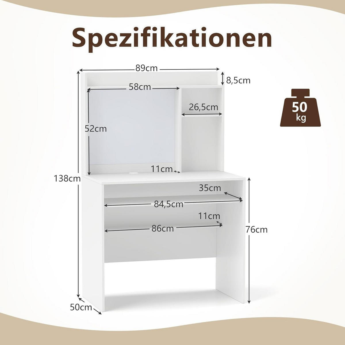 DATORBORD vitt - Vit, Träbaserade material (50/89/138cm) - COSTWAY