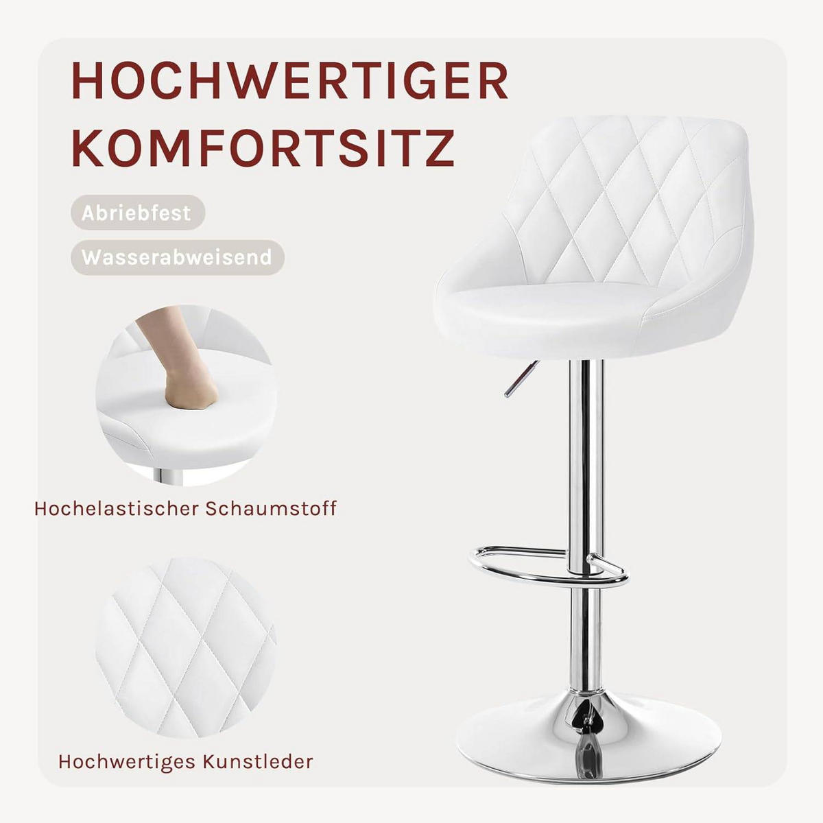 BARHOCKER, Kunstleder, Höhenverstellbar, 360° Drehbar - Weiß, Metall (47/104/39cm) - Woltu