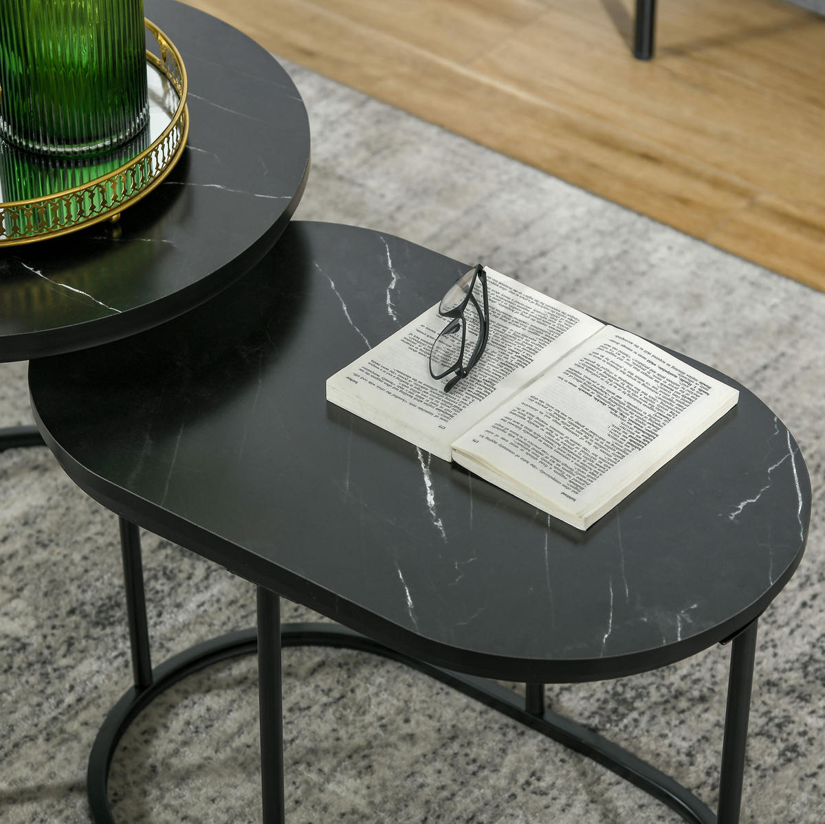 COUCHTISCH-SET aus MDF 50x50x50 cm und Stahl Schwarz, rund und oval, stapelbar mit verstellbaren Füßen - Schwarz, Metall (50/50/50.5cm) - IVMEU