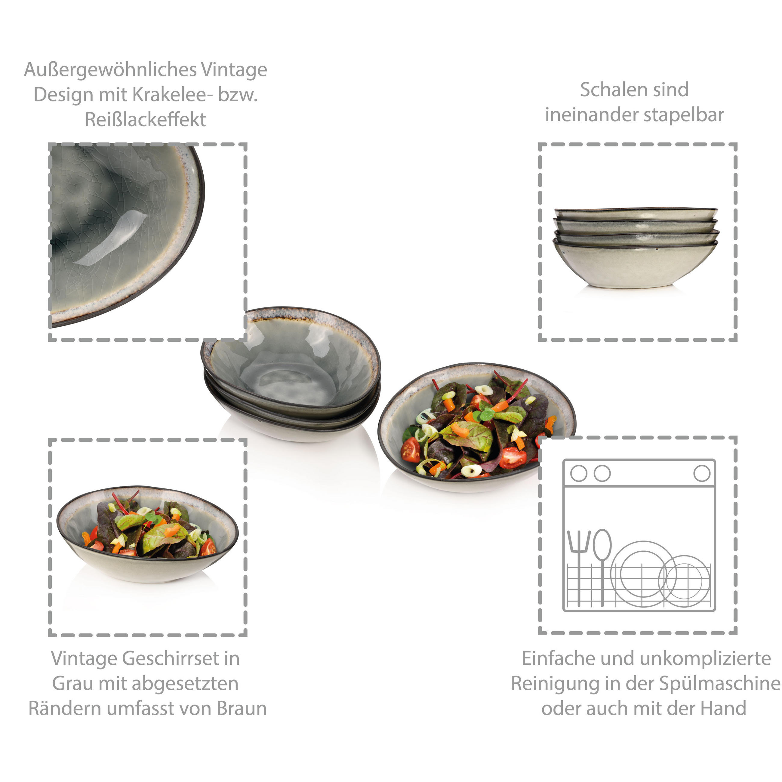 Thumbnail - Sänger Salatschalen, Grau, Keramik, 4-teilig, kratzfest, Essen & Trinken, Geschirr, Schalen & Schüsseln, Salatschüsseln
