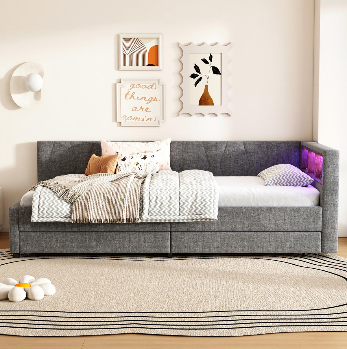 KREVET 90/200 cm s LED ambijentalnim osvjetljenjem, USB+Type C priključkom, ladicama i pretincima, lan, Siva - siva, tekstil (90/200cm) - Redom