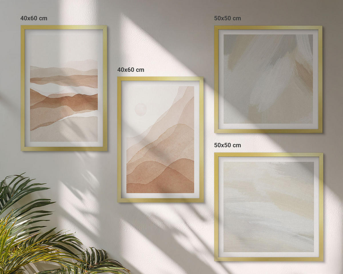 WANDBILDER 4er Set - 50x50 cm & 40x60 cm Goldrahmen - Abstrakte braune Landschaften - Goldfarben, Kunststoff (50/50cm) - ArtPrintCave