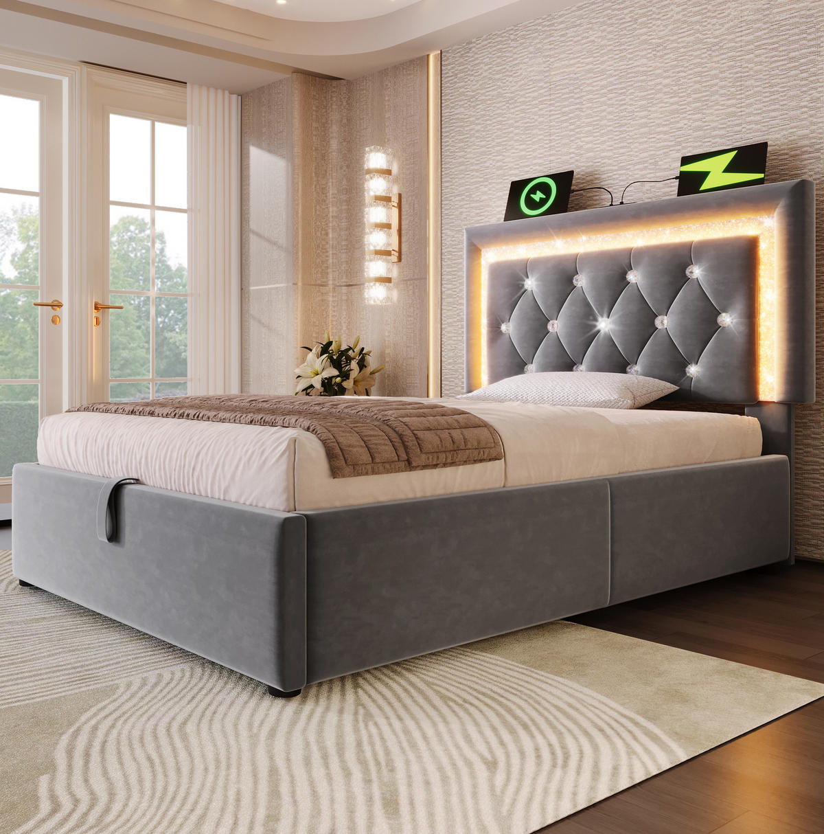 POLSTERBETT mit LED und Bettkasten 90x200 cm Samt Grau inkl. Matratze - Grau, Metall (90/200cm) - Meubliv