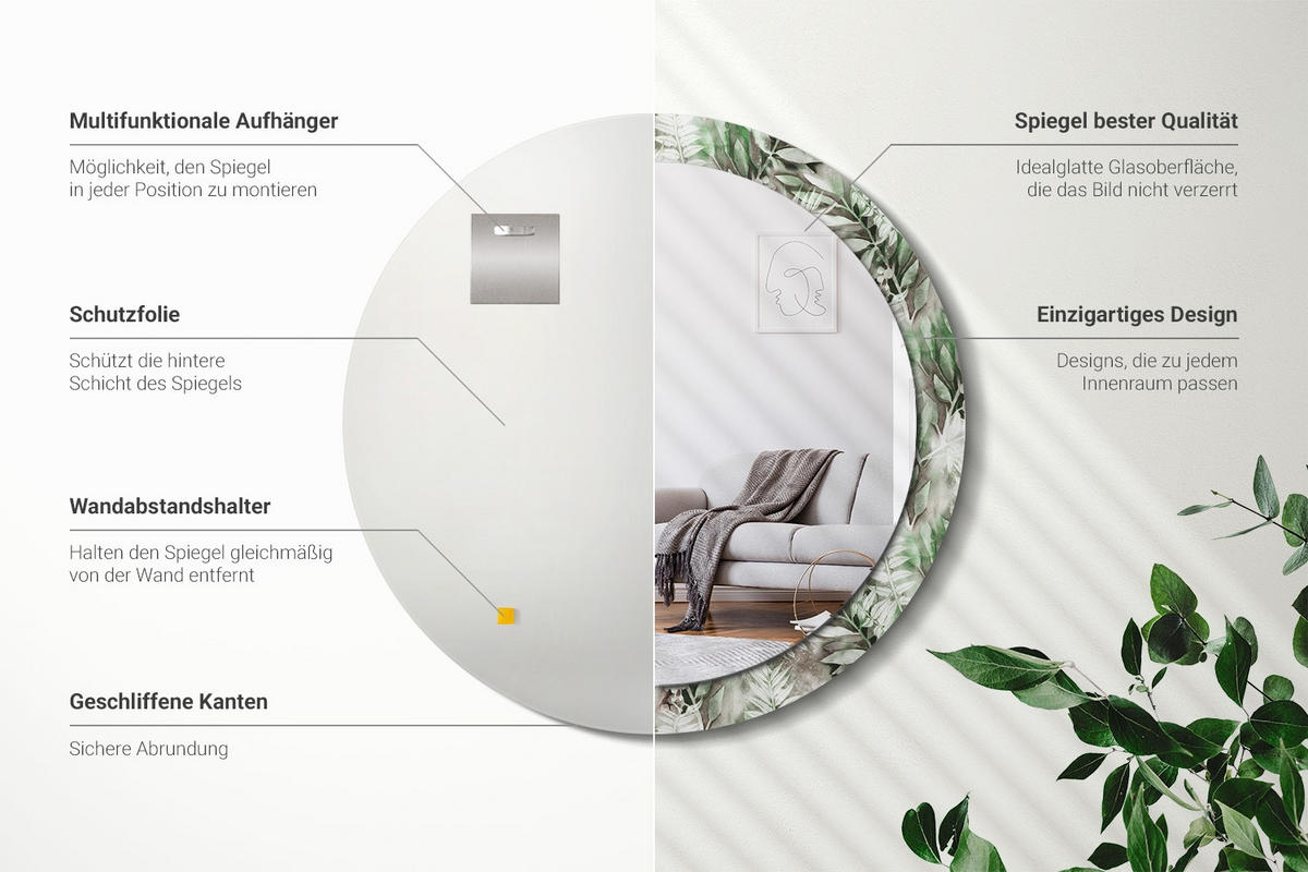 SPIEGEL Rund Ø 90 cm mit Aufdruck - Multicolor, Glas (90/90/0.4cm) - Wallfluent