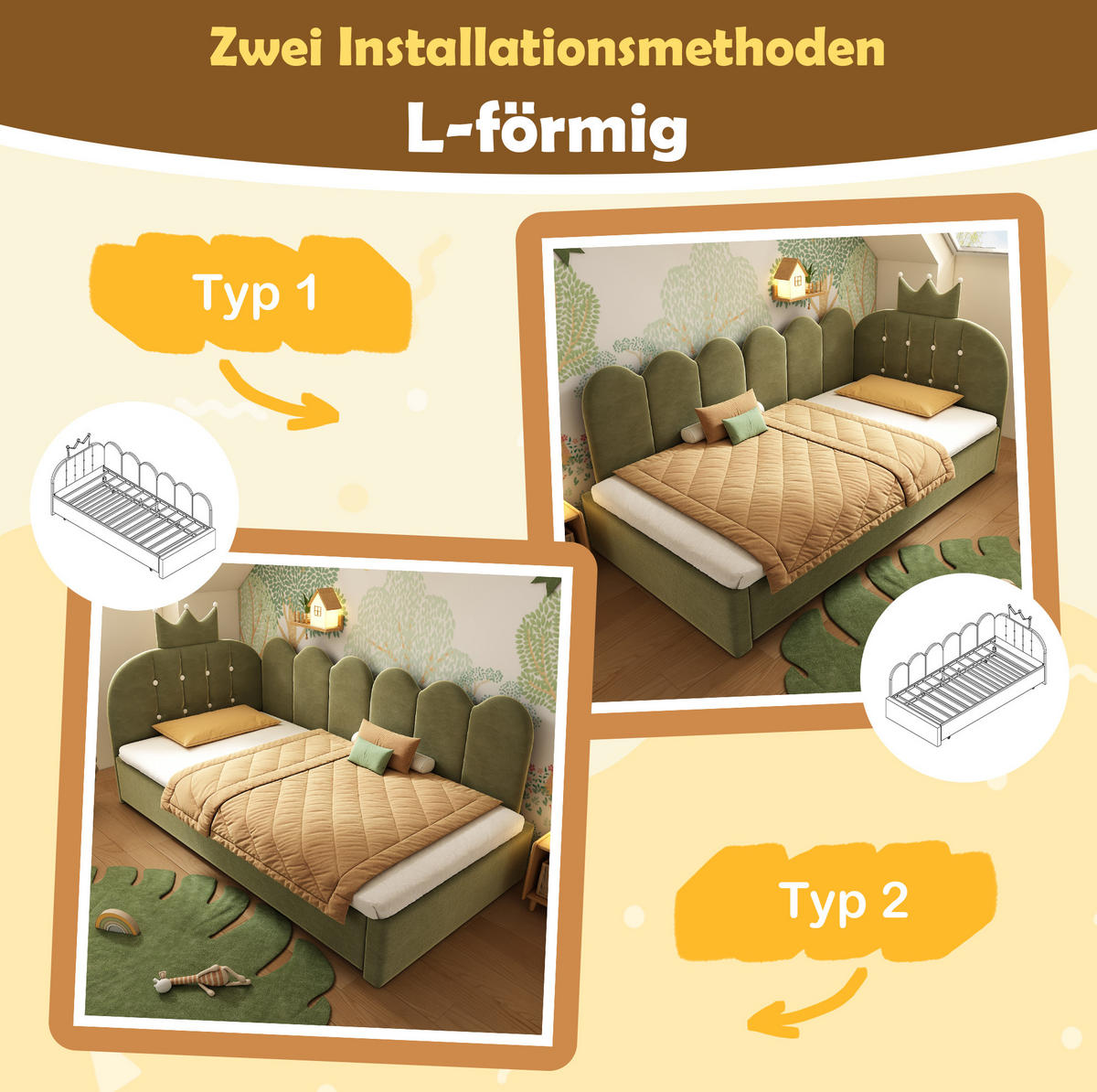 KINDERBETT 90/200 cm mit Ausziehbett 90/190 cm in Grün, Samtbezug - Grün, Textil (90/200cm) - BEAOK