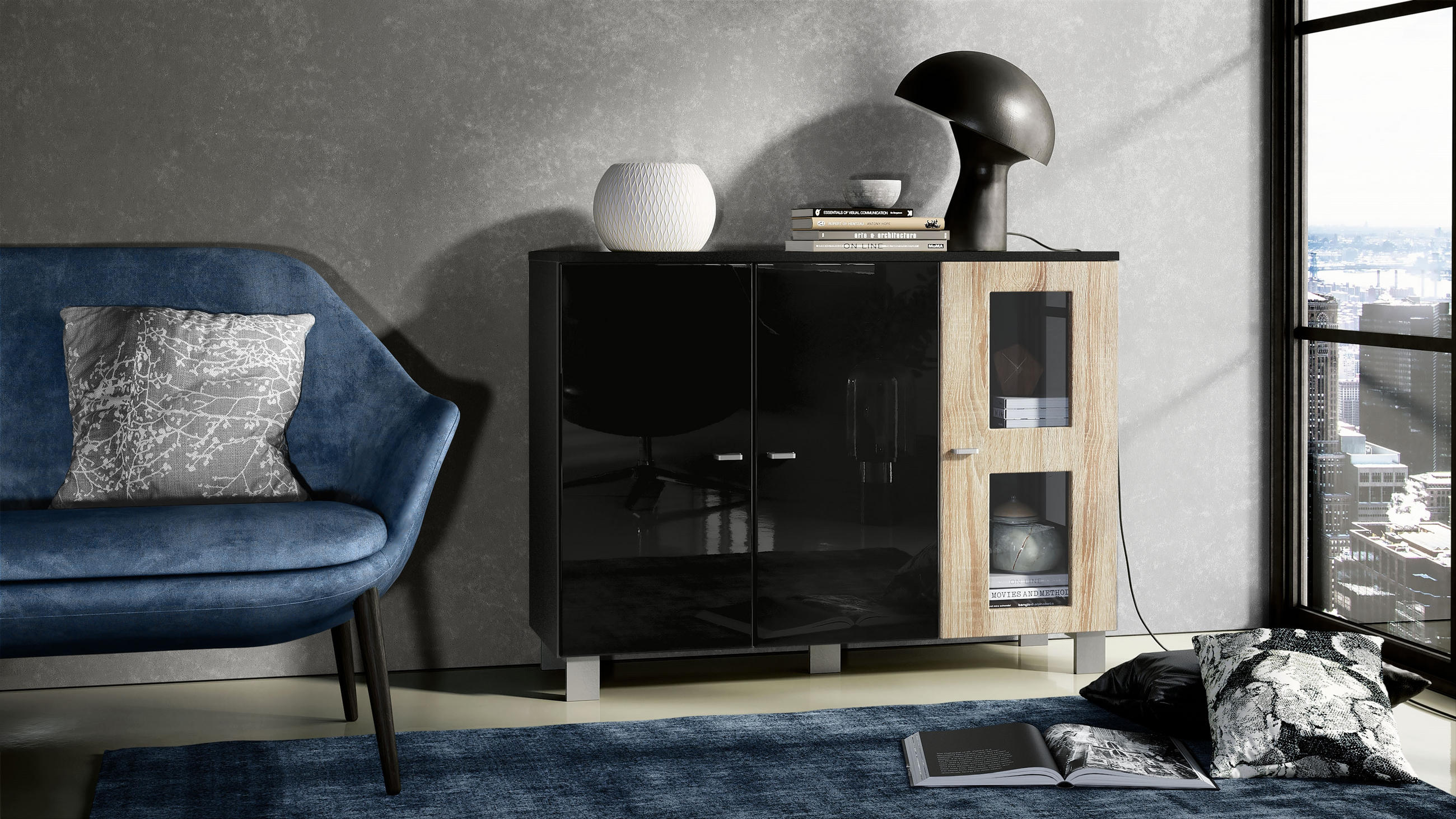 SIDEBOARD Denjo Tür in Eiche sägerau - Eiche San Remo, Holzwerkstoff (107/81/35cm) - Vladon