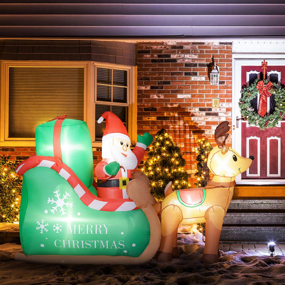 WEIHNACHTSMANN mit Schlitten & Rentier, aufblasbar, weiße LED-Beleuchtung, 210 x 80 x 140 cm - Multicolor, Kunststoff (80/140/210cm) - Outsunny