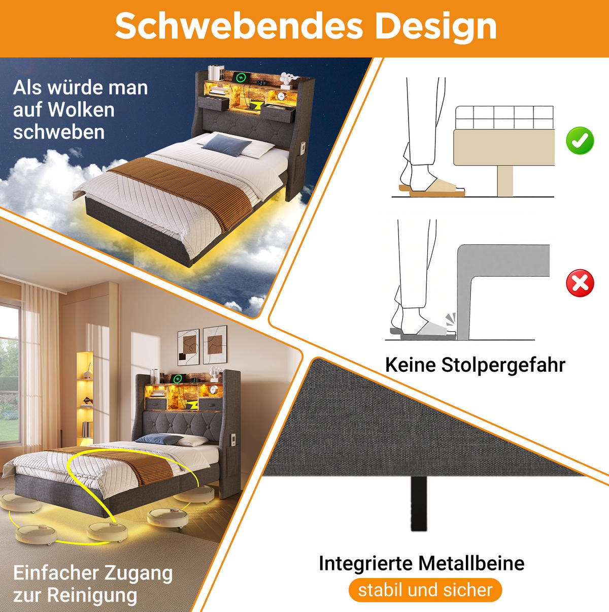 POLSTERBETT 90/200 cm aus Leinen mit LED-Beleuchtung, USB- und Type-C-Anschluss, Stauraum-Kopfteil, Grau - Grau, Textil (90/200cm) - Redom