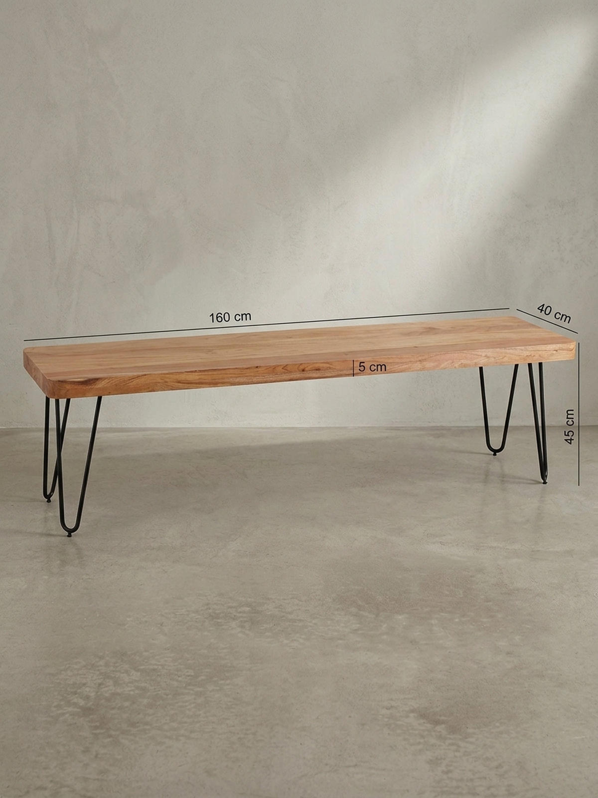 SITZBANK BALU Massivholz Metallbeine Landhausstil, Beige 160x40x45 cm - Beige/Schwarz, Holz/Metall (160/45/40cm) - KADIMA DESIGN