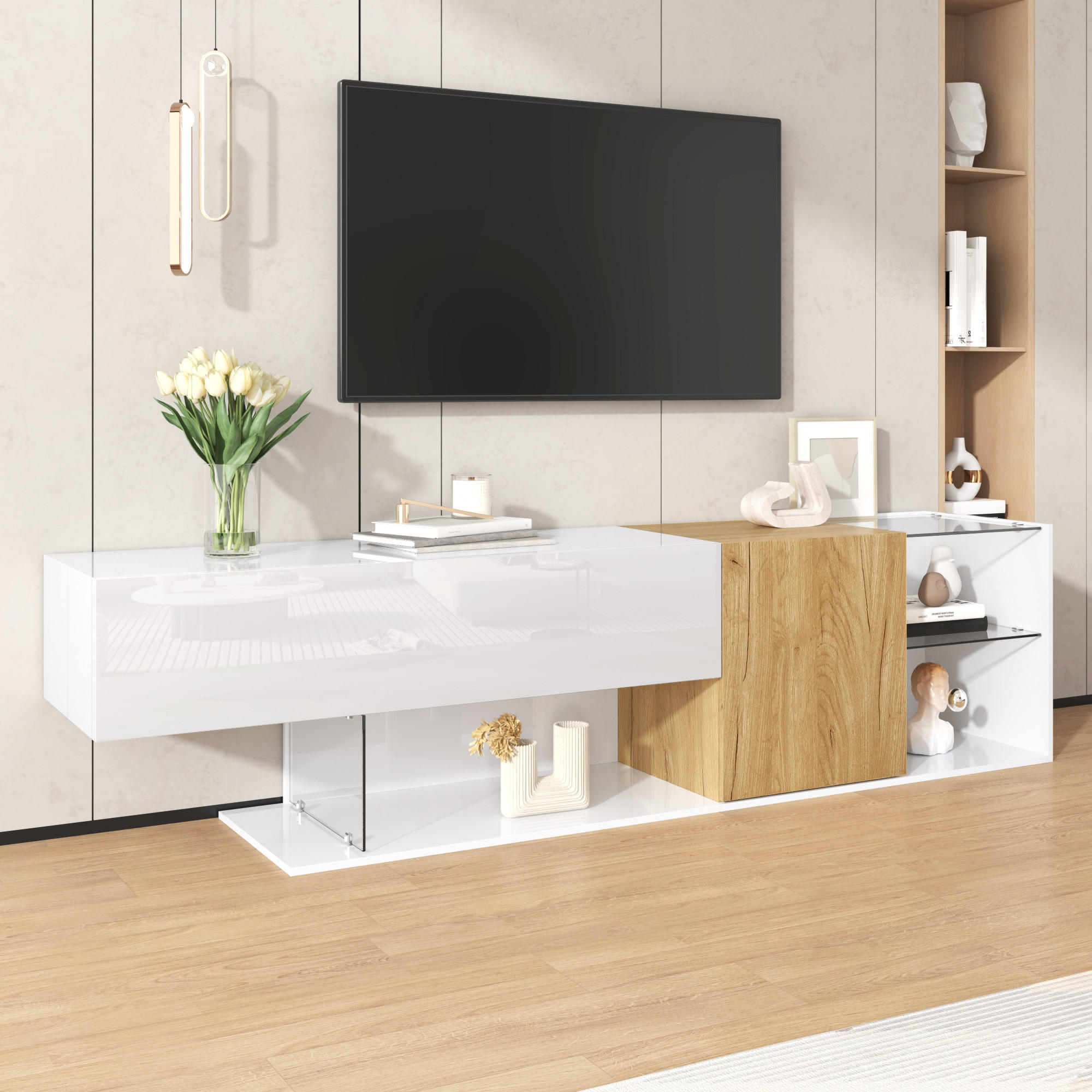 TV-LOWBOARD 180 cm Hochglanz Glasregal - Naturfarben, Holzwerkstoff (180/48/38cm) - Fortuna Lai