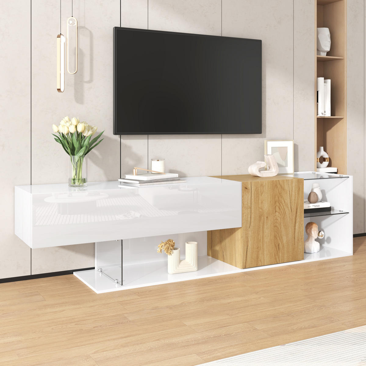 TV-SCHRANK 180/38/48 cm Hochglanz Weiß Holzoptik mit Glasregalen - Weiß, Holzwerkstoff (180/48/38cm) - OKWISH
