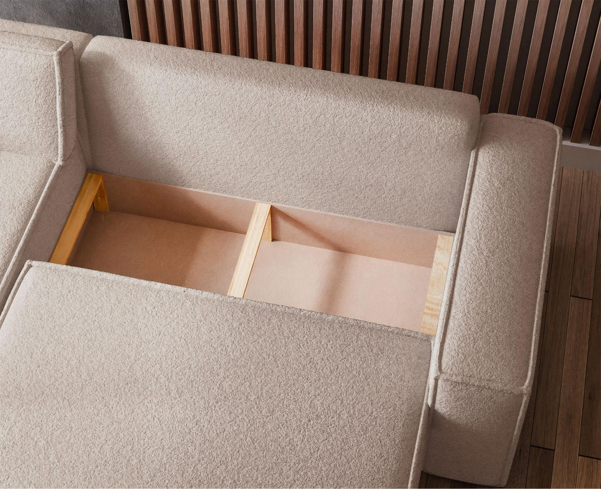 ECKSOFA Scarlo Hellbeige Bouclé-Bezug - Ecru/Schwarz, Kunststoff/Textil (244/145cm) - Selsey