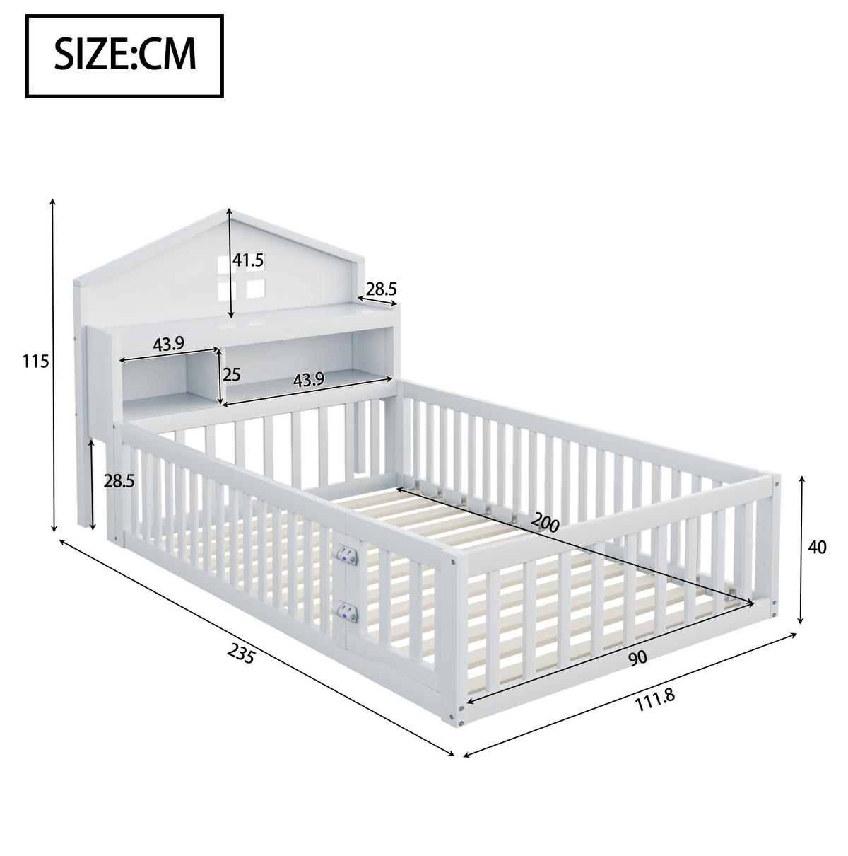 KINDERBETT 90/200 cm aus Massivholz mit Hausrahmen und Stauraum Weiß - Weiß, Holzwerkstoff (90/200cm) - Modenvie