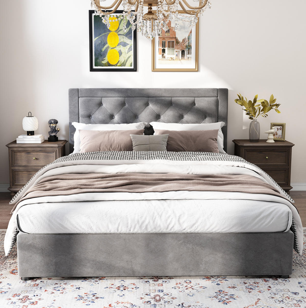 POLSTERBETT 140/200 cm Grau aus Samt mit Stauraum und Chesterfield-Kopfteil - Grau, Metall (140/200cm) - Flora Grace