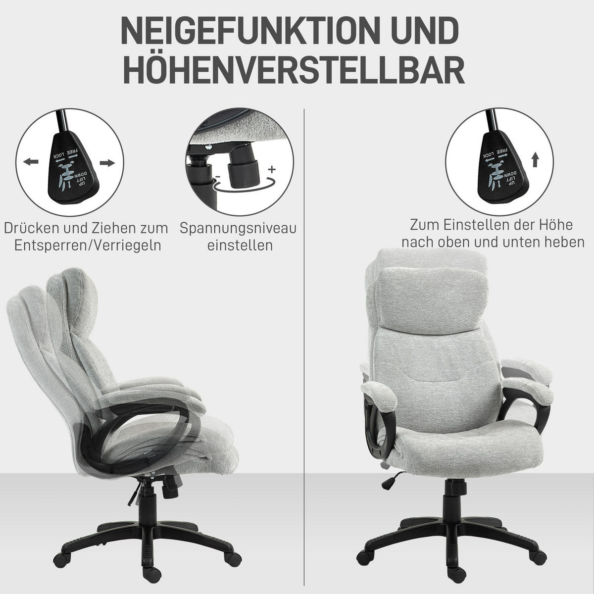 HOMCOM Bürostuhl mit Wippfunktion, ergonomisch Schreibtischstuhl, Drehstuhl - Hellgrau, Kunststoff (66/115.5/77cm) - HOMCOM