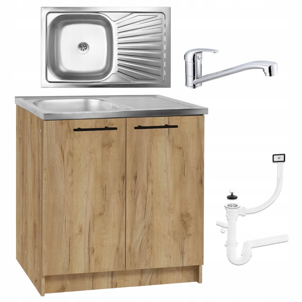 SPÜLUNTERSCHRANK 80cm mit Spüle + Armatur + Siphon Eichenfarbe - Eichefarben, Holzwerkstoff (80/82/50cm) - Stamar