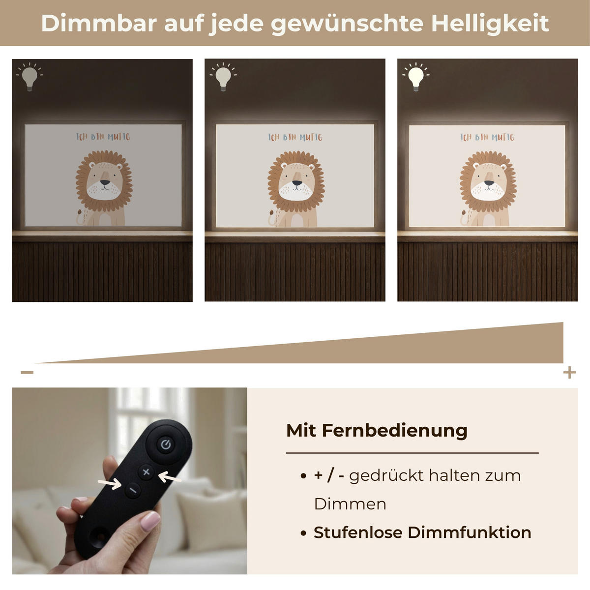 WANDLEUCHTE MIT AKKU Löwe - Beige - Tier - Mutig - Zitat 60x40 cm - Beige, Holzwerkstoff (60/40/8cm) - OnlyWow