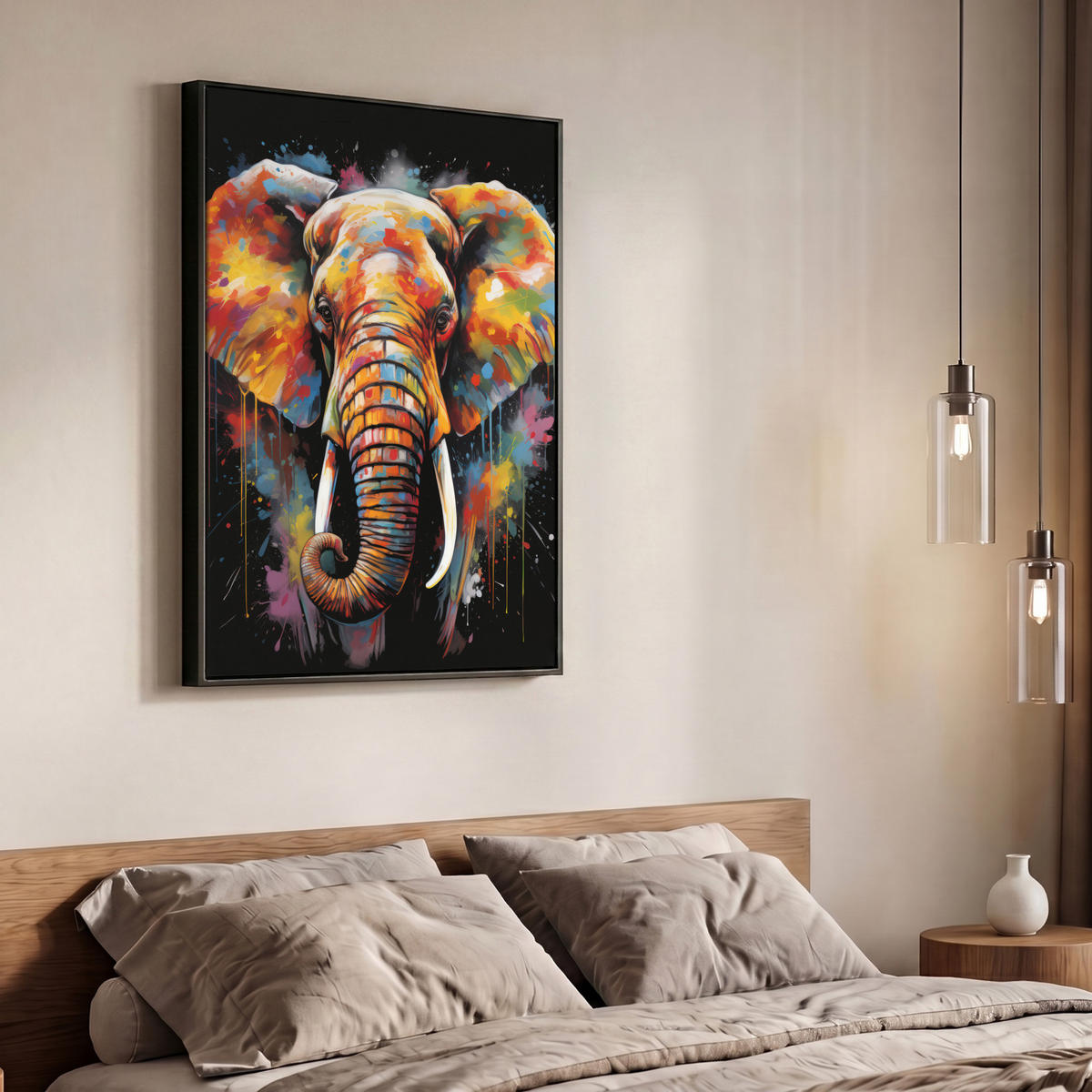 LEINWAND Bilder mit Rahmen - Elefant - Graffiti - Schwarz - Tiere - Farben - 70x100 - Schwarz, Textil (70/100cm) - MuchoWow