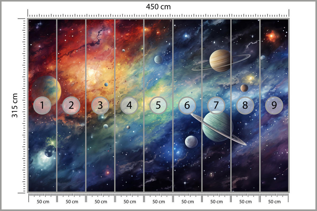 FOTOTAPETE für Jugendzimmer Aquarell Galaxie Planeten Sterne 450x315 - Blau/Gelb, Papier (450/315cm) - Muralo