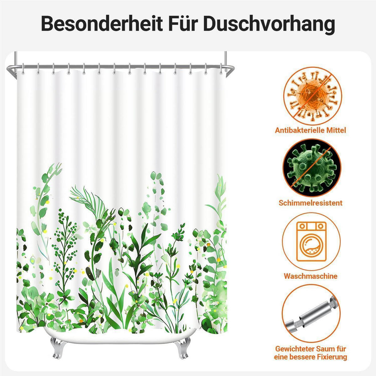 DUSCHVORHANG Blumenmuster 100 x 200 cm Textil Wasserabweisend Waschbar - Grün, Textil (200/100cm)