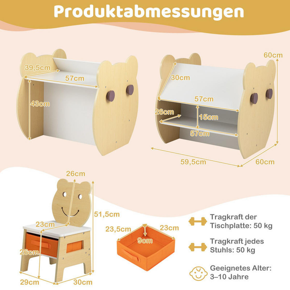 KINDERTISCH mit stuhl natur(2-tlg) - Naturfarben, Holzwerkstoff (59.5/60/60cm) - COSTWAY