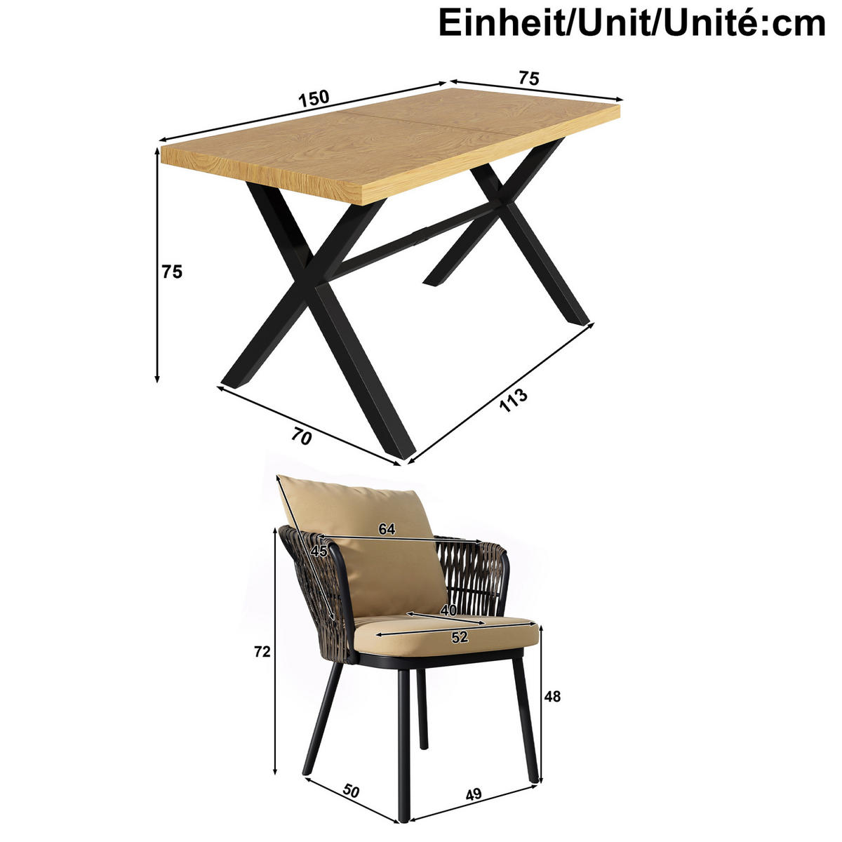 GARTEN-ESSGRUPPE 150/75/75 cm khaki/natur aus Eisen und Polyester für 6 Personen - Naturfarben, Metall - OKWISH